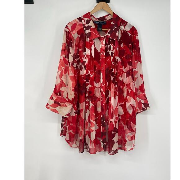 Susan‎ Graver Style Red White Floral Pleated Button Up Tunic Top 1X Boho Coastal - Picture 1 of 6